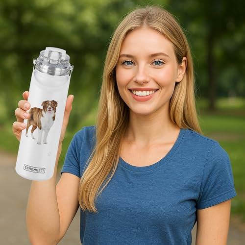 SERENGETI 24 Oz Water Bottle Stainless Steel with Spill Proof Lid - Double walled Vacuum Insulated water flask - Realistic 3D Print of your favorite dog (Australian Shepherd) - color: Australian Shepherd