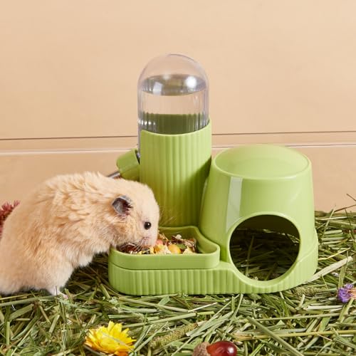 3 in 1 Hamster Water Bottle No Drip Automatic Leakproof Dispenser with Food Container and Hideout Base for Gerbil Rat Dwarf Hamster Mouse (Green, 3.4oz) - color: Green