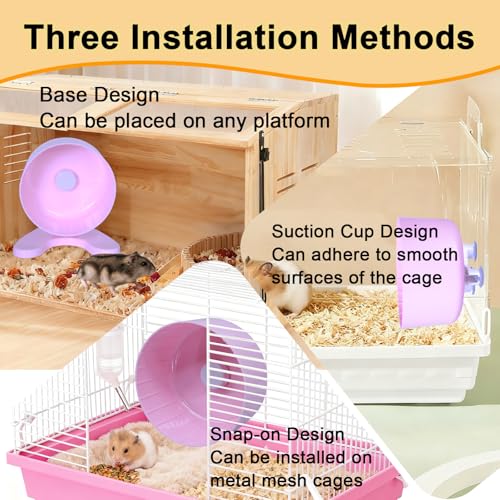 Hamster Wheel, 6.5" Super-Silent Exercise Wheels, Dual-Bearings Quiet Spinner Running Wheels, 3 Installation Methods, Fits Any Hamster Cage, Hamsters Toy for Dwarf Hamsters, Gerbils, and Small Pets. - color: Pink, size: Small