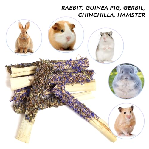 Abizoo Bunny Toys for Rabbits Natural Sweet Bamboo Bunny Chew Sticks Coated with Flower & Hay, Interactive Treats for Rabbit Guinea Pig Chinchilla