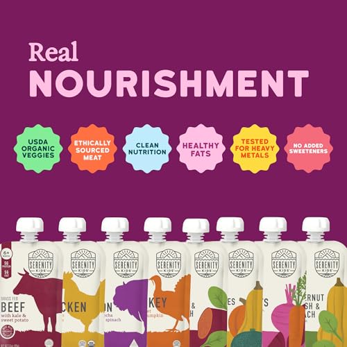 Serenity Kids Baby Food Pouches, No Added Sugar, 5g Protein, 3.5 Oz,18 Pack | Lower-Sugar, Protein-Fueled, Organic Ingredients, Recyclable, Meat & Veg Variety, Veggie-First Baby Snacks - size: 3.5 Ounce (Pack of 18)