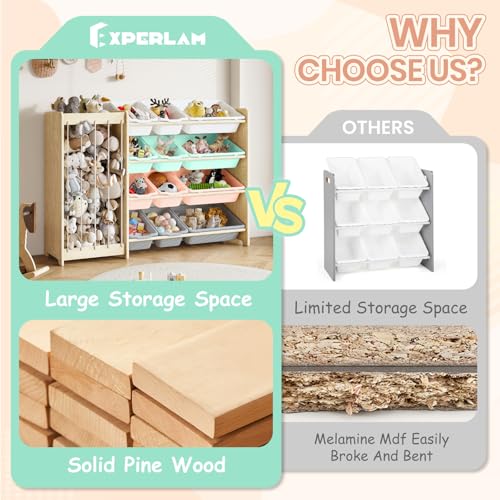 EXPERLAM Kids Toy Storage Organizer, 2-in-1 Stuffed Animal Storage & Toy Organizer w/12 Bins, Solid Wood Toy Rack Featuring Thicker Elastic Ropes to Hold Toys, Playroom Nursery Bedroom Storage, Multi - color: Multi Color, size: 47.2" L × 11" W × 31.5" H
