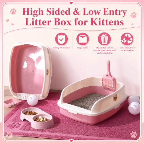 Sliner 7 Pcs Kitten Litter Box Starter Kit, 2 Plastic Small Kitty Litter Box Training Low Entry with Scoop, 2 Double Cat Bowl and Mat for Kitten Indoor (Pink) - color: Pink