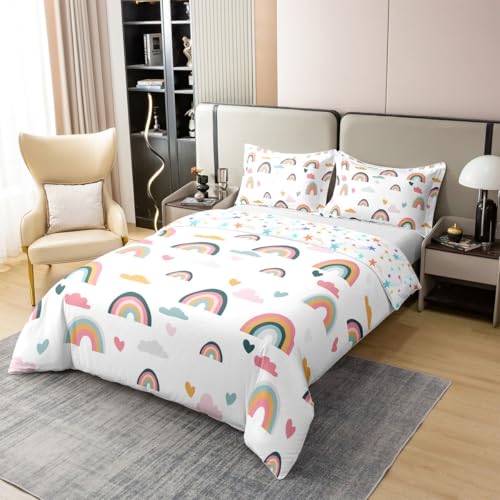 Erosebridal 100% Cotton Kids Rainbow Bedding Set, Girly Love Heart Comforter Cover King Size Cartoon Rainbow Cloud Duvet Cover for Girls Boys Women Bedroom Decor, Soft Bedding 3 Pieces,Colorful - color: Multi 01, size: King (No Comforter)