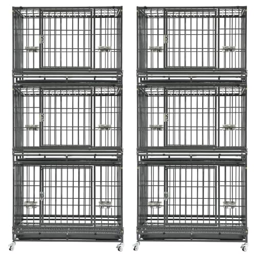 Homey Pet 2 Pack Three Tier 37" Heavy Duty Stackable Dog Crate with Wheels | Drop Cages for Dogs with Escape proof Locks, Tray, Bowl, Open Top, for Small and Medium Dogs, Breeders and Multi-dog Homes - size: 37"L x 22.5"W x 29.5"H - 3 Tiers - 2 Pack