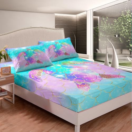 Erosebridal Mermaid Scales Fitted Sheet for Girls, Tortoise Reptile Sheet Set King Size, Sea Turtle Ocean Life Bed Sheets for Kids Children Boys Women, Sweet Girly Top Sheet, Teal Blue - color: Style 38, size: King