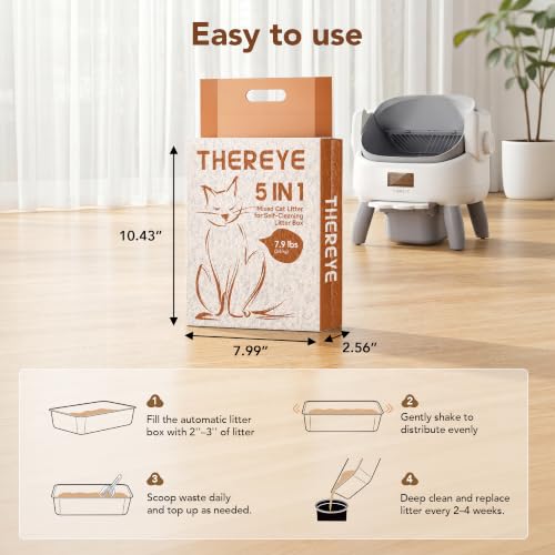Thereye 5-in-1 Mixed Cat Litter, Upgraded for Automatic Litter Box, Fast Clumping, Ultra Absorbent, Dust-Free Natural Clumping Cat Litter, Odor Control, Non-Sticky for Multi-Cat Households (7.9lbs*2)