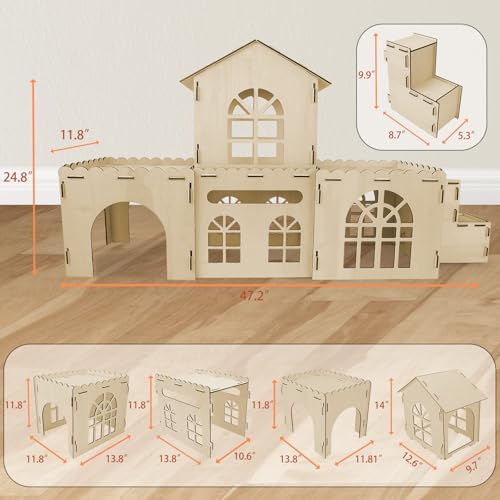 YUEPET 4-Piece Rabbit Castle with Stairs, Wooden Bunny Castle, Rabbit House | 4-Piece Castle Set with Stairs, Detachable Panels, 47.2 x 11.8 x 24.6 in, Ventilation Cutouts, Tool-Free Assembly - size: Rabbit Castle*4+Ramp*1