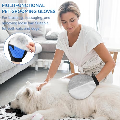 Pet Hair Removal Glove for Dogs & Cats, 2-in-1 Dual-Sided Electrostatic Pet Hair Remover with Silicone Grooming Brush, Reusable for Furniture, Clothes, Couch, Carpet & Car Seat - color: Silver Blue