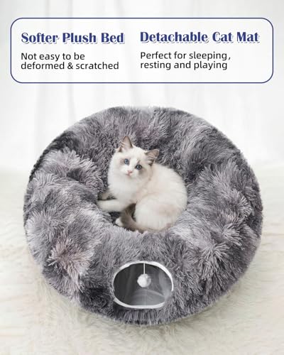 Cat Tunnel Bed with 20 Pcs Interactive Toys, 3-in-1 DIY Collapsible Plush Cat Tube with Washable Mat, Large Indoor Play Tunnel Cave for Kittens and Small Animals - color: Charcoal Gray