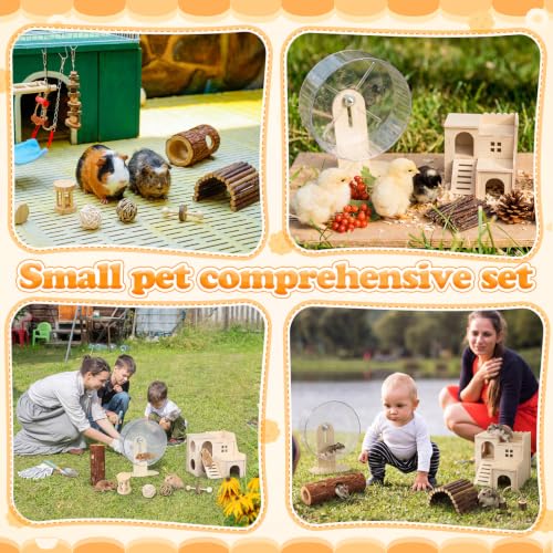 15 Pcs Hamster Cage Accessories Set, Wooden Hamster House, 9.45 Inch Silent Running Wheel, Swing, Tunnel, Chew Toys & Hideout for Dwarf Hamsters, Gerbils, Syrian Hamsters Animals Habitat