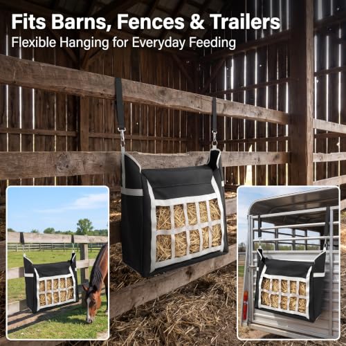 Slow Feed Hay Bag for Horses Sheep Goat Cattle Donkey, 300D Waterproof PVC Oxford Slow Feeder with Adjustable Straps, Small Hole Hay Sack Cut Waste for Barn Stall Fence Horse Trailer, Black 1 Pack