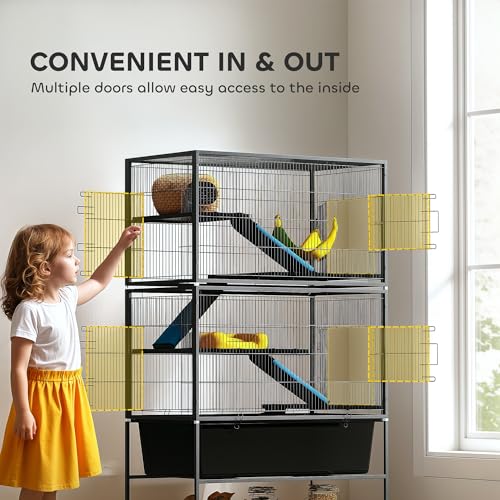 PawHut 59" 5-Level Small Animal Cage, Rolling Ferret Chinchilla Cage with Slide Out 6.3" Deep Tray, Non-Slip Cloth Covered Ramps, Hammock, for Rabbits, Pet Mink, Squirrel, Dark Gray | Ferret Chinchilla Cage, Slide Out 6.3" Deep Tray, Non-Slip Cloth Covere