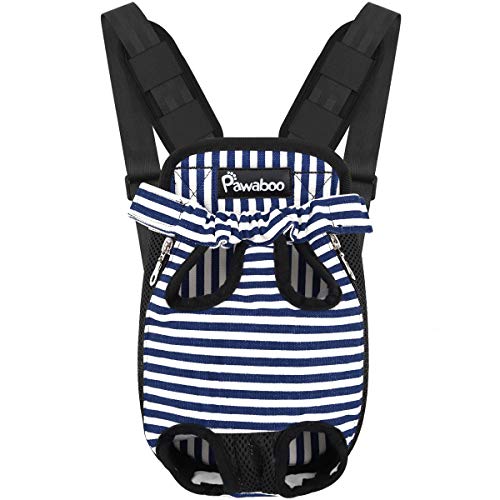 Pawaboo Pet Front Carrier Backpack for Small Medium Dogs | Legs Out Easy-fit,Adjustable Straps,Hands-Free,Soft Padded Support for Travel Hiking Cycling Camping,Blue Stripes,M - color: Blue & White Stripes, style: Medium (Pack of 1)