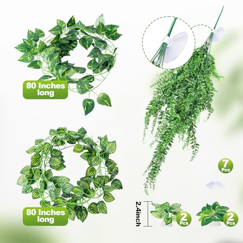 CousDUoBe 12 PCS Reptile Plants Set, Reptile Corner Branch Bearded Dragon Tank Accessories Leopard Gecko Tank Accessories，Terrarium Decorations with Suction Cup