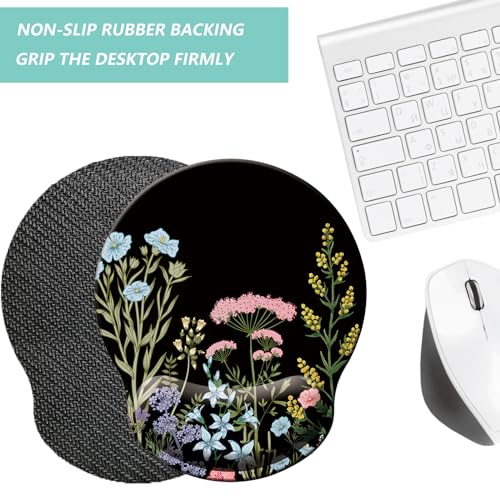 Mouse Pad with Wrist Support, Ergonomic Mouse Pad with Memory Foam Wrist Rest Cushion, Non-Slip Rubber Base Gaming Mice Pad for Home Office Computer Laptop, Flowers Black - color: M27-Flowers