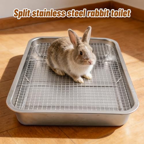 Rabbit Litter Box Stainless Steel Gird Rabbit Litter Box,304 Stainless Steel Sifting Tray with &Non-Slip Feet Mats,Small Animal Toilet Potty Tray Easy to Clean and Wash