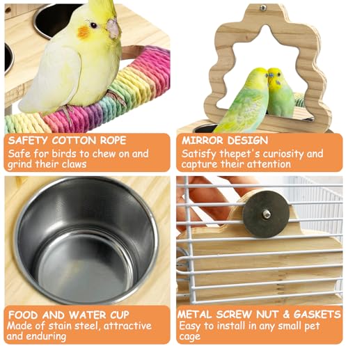 Tfwadmx Bird Parrot Wooden Feeding Cups Small Bird Feeding Dish Cups Stainless Steel Birds Bowls Food Water Bowls with Food Holder for Cockatiel Lovebirds Parakeet Macaw Finches