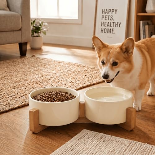 SPUNKYJUNKY Ceramic Dog and Cat Bowl Set with Wooden Stand, Modern Cute Weighted Food Water Set for Small Size Dogs (13.5OZ) & Medium Sized Dogs (28.7OZ) & Cats (3.6 Cups, 2 × Beige) - color: Beige × 2, size: 3.6 cups