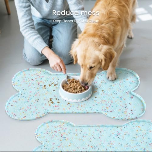 PWTAA Dog Food Mat Anti-Slip Silicone Dog Bowl Mat Thicker Pet Placemat Waterproof Cat Feeder Pad with Raised Edge Puppy Kitten Feeding Mats Suitable Small Medium-Sized Dogs Cats Eating Tray - 2PCS - color: Donut Blue, size: 19.4" x 9.8"-2PCS