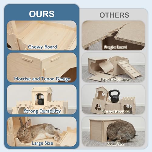 2-Level Wooden Rabbit Castle with Ramp and Hay Feeder | 3 connected rooms, center tower, rooftop platform, ramp, side hay feeder and multiple entrances for indoor enclosures - size: Extra Large