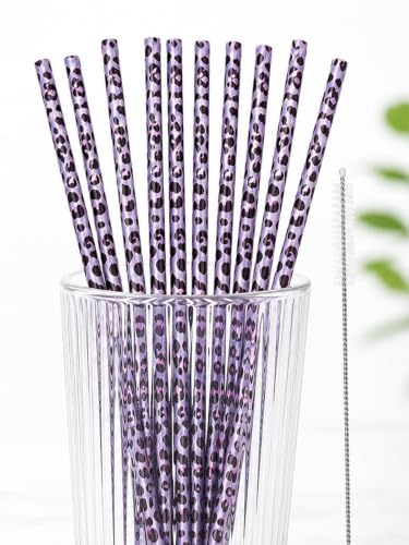 10 Pcs Reusable Brown Leopard Straws Long Straws with Cleaning Brushes | Plastic Cheetah Animal Straws Brown Leopard Print Drinking Straws for Tumblers Cups Safari Wild Favors Birthday Party Supply - color: Purple