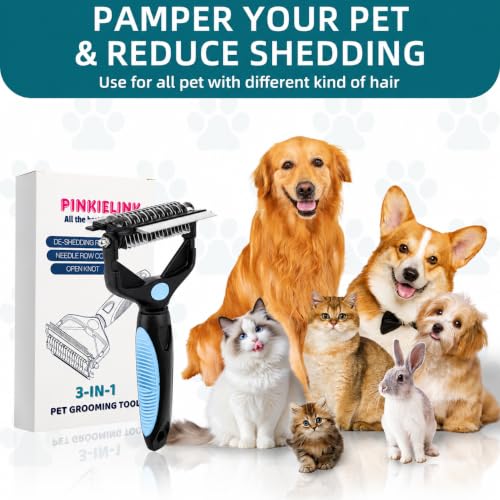 3-IN-1 Pet Grooming Tool - Undercoat Rake, Dematting Comb & Deshedding Brush for Cats, Dogs, Horses - Removes Mats, Tangles & Loose Fur, Reduces Shedding & Prevents Hair Mess (Blue) - color: Blue