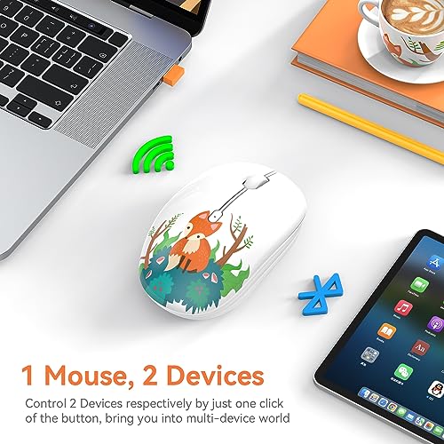FMOUSE Cute Cartoon Silent Wireless Mouse, Dual Mode Bluetooth & USB 2.4G | Kawaii Fox Pattern, Ideal for Kids Back to School & Office | AA Battery Powered | Compatible with Laptop Mac iPad Tablet - color: Fox