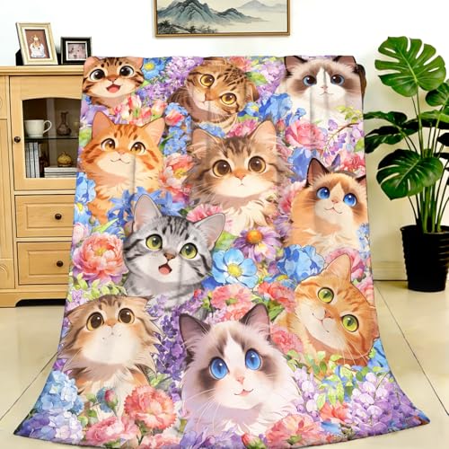 Cat Blanket Gifts Soft Warm Flannel Cats Throw Blanket Cute Cat Themed Lovers Gifts for Couch Bed Travel 50"x40" - color: Blue Cat