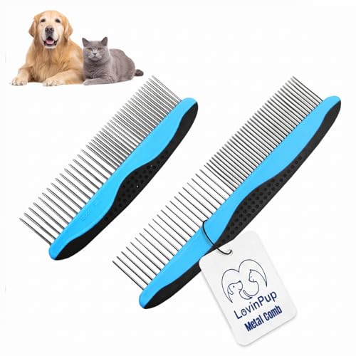 Pet Metal Comb for Dogs and Cats (2-Pack) – Detangling Comb | Stainless Steel Rounded Teeth for Painless Detangling – Dual-Spacing w/Comfort Grip Handle – Professional Grooming Tools - size: Comb