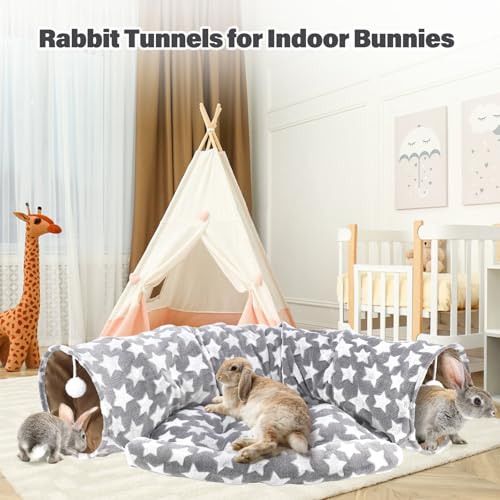 BWOGUE Bunny Tunnel Bed, 2-in-1 Collapsible Rabbit Tunnel Hideout with Mat | Removable Mat for Washing, Ball Toy for Play, Tunnel Tubes for Hiding, Gray Star Soft Suede Fabric, Cats Rabbits Guinea Pigs - color: Greystar