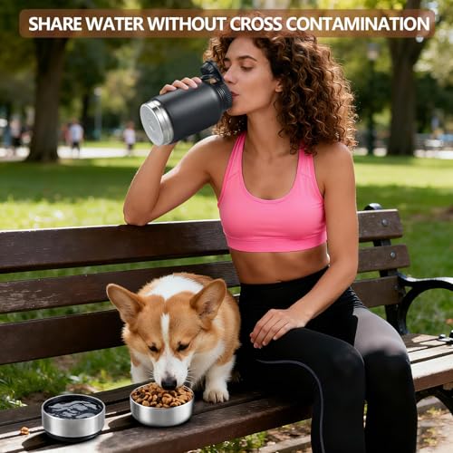 Cibaabo Insulated Dog Water Bottle 32oz Keep Water Cool with 2 Bowls | Travel Feeding & Hydration | Stainless Steel Double Wall Thermos | Portable Pet Dispenser | for Dog & Owner | Hiking Beach - color: Navy Blue