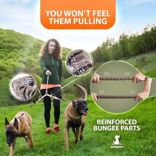 Double Dog Bungee Rope Leash - Dual Dog Lead for Medium and Large Breeds - Padded Handles, No Tangle - Flow Leash, 2 Dogs Walking Accessory - color: Brown