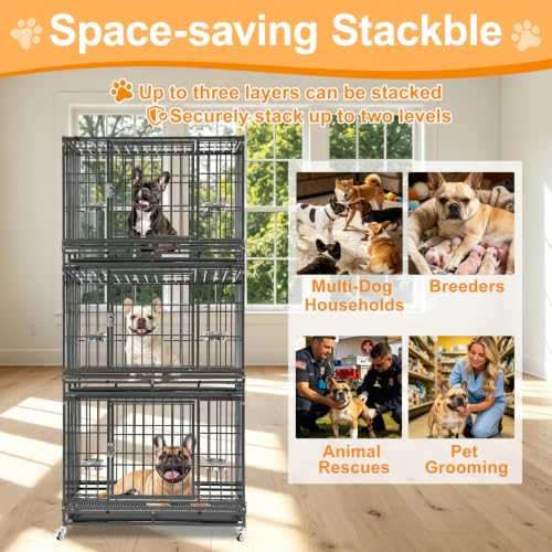 Homey Pet Three Tier 37" Heavy Duty Stackable Dog Crate with Wheels | Metal Cage for Dogs with Escape proof Locks, Tray, Bowl, Open Top, for Small and Medium Dogs, Breeders and Multi-dog Homes - size: 37.0"L - 3 Tiers - 1P