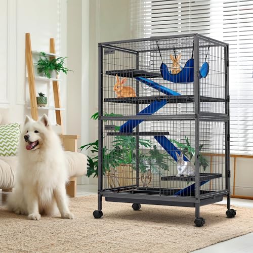 HABUTWAY 50''H Metal Small Animal Cages, Rolling Chinchilla Cage with Removable Ramps, Lagre Cage for Chinchillas/Guinea Pigs/Rabbit, Ferret Cages with Hammock & 5 Tiers, Black - size: 31.5"L x 20.5"W x 50.4"H