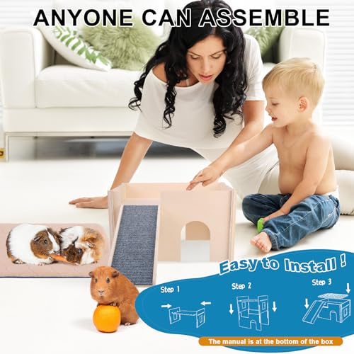 PAWCHIE Wooden Guinea Pig Hideout with Pee Pad Set, Detachable Small Animal House Bed Hut Habitats with Stairs and Windows, Bunny Hideout Castle for Indoor Hamsters Chinchilla Gerbil Playing Hiding - color: Rectangular Hut with Pee Pad and Stairs