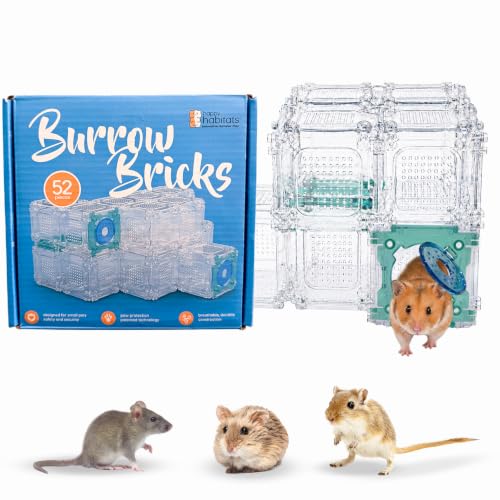 Burrow Bricks Hamster Maze Kit – 52 Piece Pet Hamster Cage | DIY Custom Hamster Tunnels that Also Fit Gerbils & Mice – Hamster Cage Accessories w/Modular Clear Panels, Doors & Connectors
