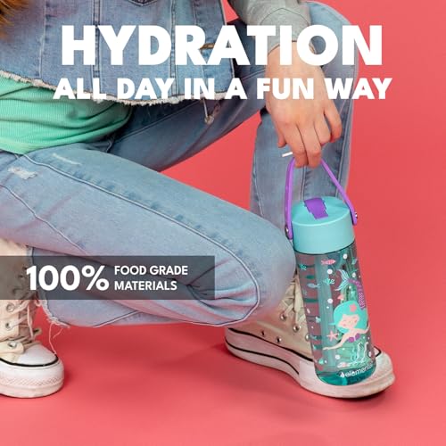 Elemental Water Bottles for Kids - Splash Kids Water Bottle for School with Fun Charm Handle - BPA Free Tritan Plastic Bottle with Straw Leak Proof When Spout is Closed - 18oz - Mermaid - color: Mermaid