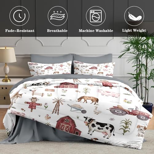 WeCozy Full Comforter Set with Sheets, 7 Pieces Farm House Bedding | Bed in A Bag for All Season, Tractor Village Tree Horse, 2 Pillowcases & 2 Shams for Kids and Adults - color: Farm Tractor, size: Full