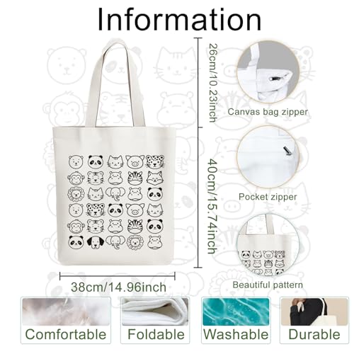 ANATTASOUL Canvas Tote Bag Reusable Cotton Bag for Women, Large 14.96"x 15.74" Cloth Shoulder Bags with Zipper Pockets - style: Animal Portraits