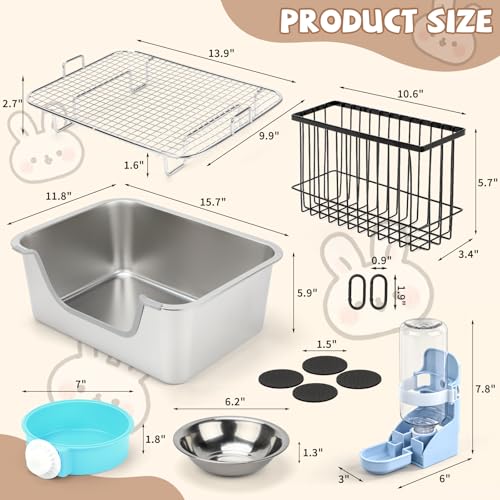 BWOGUE Stainless Steel Rabbit Litter Box, Bunny Litter Box with Hay Feeder | Raised Grid Separates Waste, High Sides Help Reduce Mess, Hay Feeder & Waterer, Easy to Clean, Guinea Pigs & Small Pets - size: S:15.7in ×11.8in × 5.9inches