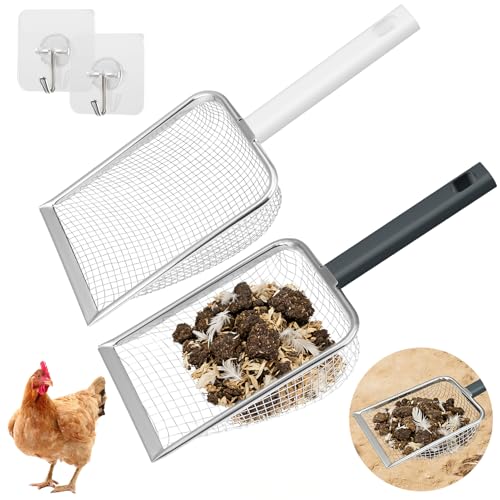 2 Pack Chicken Poop Scooper for Coop, Chicken Coop Shovel with 3.8mm (Fine) & 5mm (Medium) Mesh – Metal Rake & Scoop Tool with Hanger Hooks for Sifting Sand, Litter & Chicken Supplies