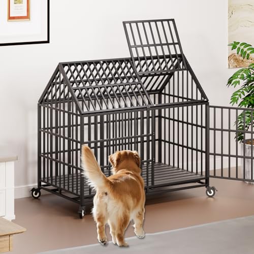 50 inch Heavy Duty Indestructible Dog Crate with 2 Bowls, Steel Double Door Indoor High Anxiety Cage for Large Giant Dogs, Escape-Proof Chew-Proof Pet Kennel with Trays and Wheels, Extra Large XL XXL - size: 49.2"L x 29.7"W x 46.3"H