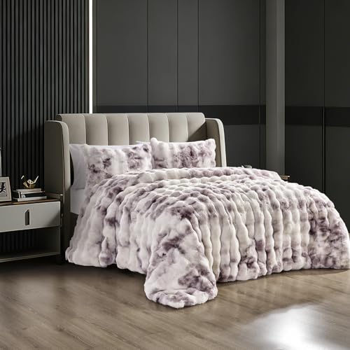 Fredsure Faux Rabbit Fur Comforter Set, 3 Pieces Tie Dye Purple King, Faux Rabbit Fur Face and Microfiber Reverse - color: Tie Dye Purple, size: King