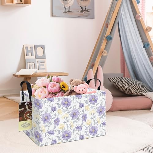 Rectangle Foldable Storage Basket Handles For Home, Purple Flowers | Waterproof canvas material, reinforced handles, perfect for shelf use, organizes clothes, daily items and pet supplies - color: REC-Purple Flowers