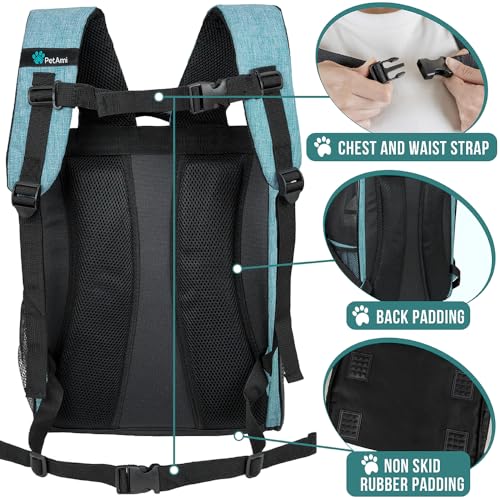 PetAmi Dog Backpack Carrier Airline Approved Cat Pet Puppy Bag, Turquoise | Ideal for Small Medium Large Pet up to 18 lb, 2 Side Entry Structured No-Collapse Frame, Ventilated Bookbag for Hiking Travel - color: Sea Blue