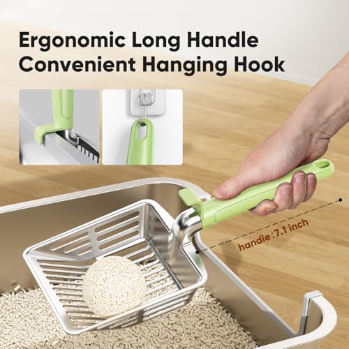 Metal Cat Litter Scoop, Large Cat Scooper with Deep Shovel & Dual Sifting Holes for Fast & Precise Sifting, Space Aluminum Kitty Litter Scooper with Long Handle & Easy-to-Hang Hook - Mint - color: Mint