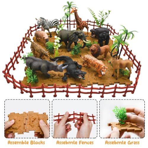 65PCS Safari Jungle Animals Figures Toy with Building Blocks for Kids 3-8 | Realistic African Wild Animals with Fence & Storage Box, Zoo Learning Toys Christmas Birthday Gift for Boys Girls - style: Safari Animals Playset