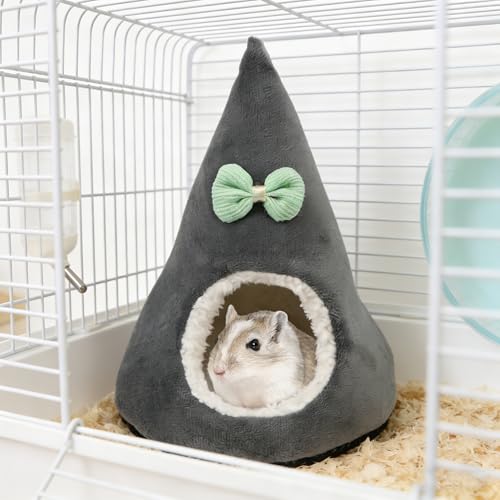 Hamster Hideout Bed for Hamsters Gerbils Mice, Gray | Soft plush warm, non-slip bottom, thick filling keeps shape, cute tent shape, 5.9"x7.9", for small pets/hedgehogs
