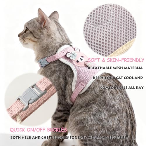 LeLehome Cat Vest Harness and Leash Set - Soft Fabric Cute Pink Bear, Adjustable Straps Walking Escape Proof for Kitten, Puppy, Rabbit (S)